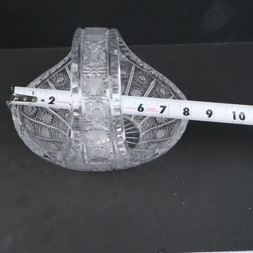 VTG Crystal Oval Basket Clear Glass Dish Bowl Handle Queens Lace Design